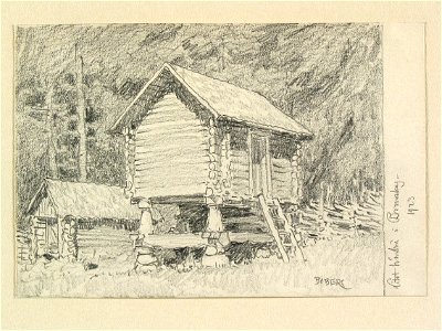 Värmland, Jösse hd., Brunskogs sn. Litet härbre i Brunskog . Teckning av Ferdinand Boberg - Nordiska museet - NMA.0088481