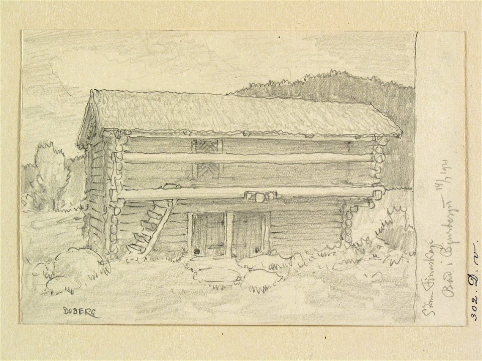 Värmland, Elfdals hd., Finnskoga sn., Bjurberget. Bod. Teckning av Ferdinand Boberg - Nordiska museet - NMA.0088488