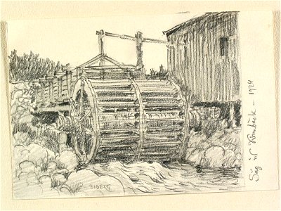 Västerbotten, Byske sn. Såg vid Kinnbäck. Teckning av Ferdinand Boberg - Nordiska museet - NMA.0088529