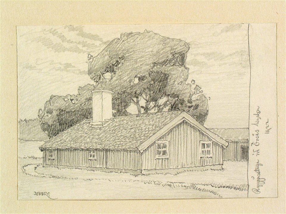 Västergötland, Kinds hd. Ryggåsstuga vid Örsås kyrka. Teckning av Ferdinand Boberg - Nordiska museet - NMA.0088600