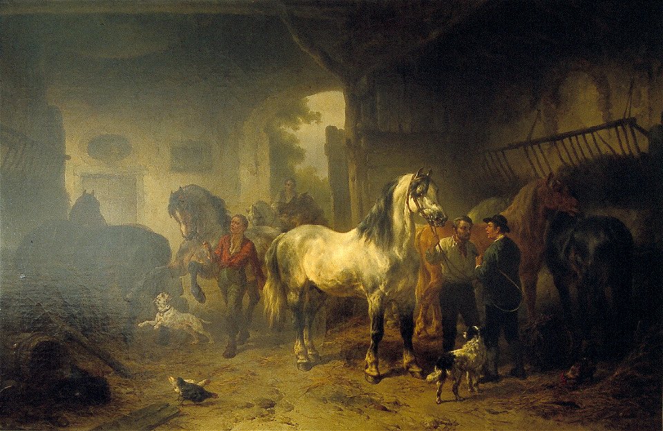 W. I Verschuur - Interieur van een stal met paarden en figuren - NK2945 - Cultural Heritage Agency of the Netherlands Art Collection