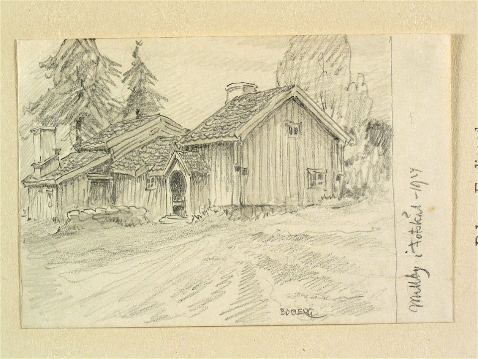 Västergötland, Marks hd., Hajoms sn. Mellby i Fotskäl. Teckning av Ferdinand Boberg - Nordiska museet - NMA.0088559