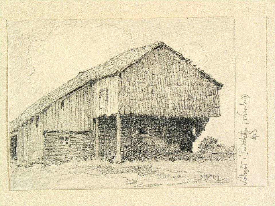 Värmland, Nordmarks hd., Blomskogs sn. Ladugård i Sundstabyn. Teckning av Ferdinand Boberg - Nordiska museet - NMA.0088479