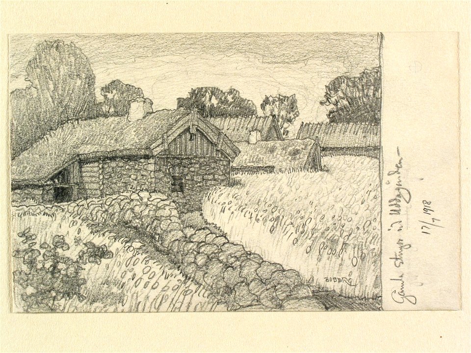 Västergötland, Vartofta hd., Åsle sn. Gamla stugor vid Uddagården . Teckning av Ferdinand Boberg - Nordiska museet - NMA.0088594