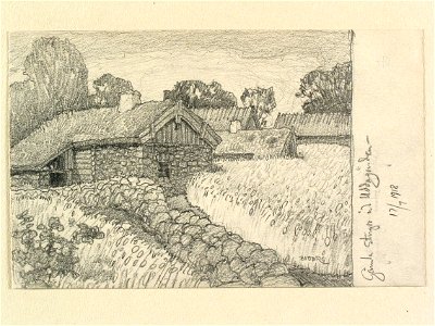 Västergötland, Vartofta hd., Åsle sn. Gamla stugor vid Uddagården . Teckning av Ferdinand Boberg - Nordiska museet - NMA.0088594