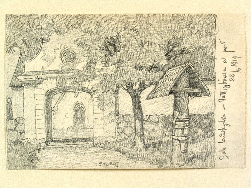 Västmanland, Övertjurbo hd. Fattigbössa utanför Sala landskyrka. Teckning av Ferdinand Boberg - Nordiska museet - NMA.0090080