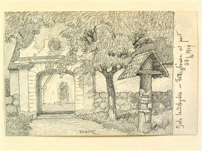 Västmanland, Övertjurbo hd. Fattigbössa utanför Sala landskyrka. Teckning av Ferdinand Boberg - Nordiska museet - NMA.0090080