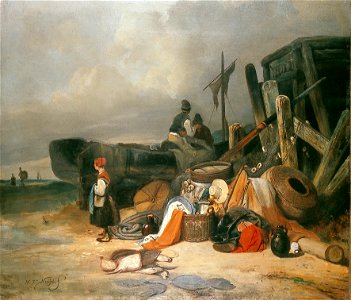 W.J.J. Nuijen - Strandgezicht met vissersboot en proviand - NK2524 - Cultural Heritage Agency of the Netherlands Art Collection