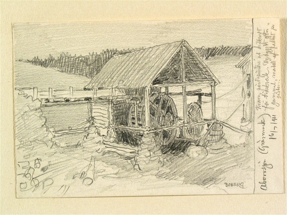 Värmland, Fryksdals hd., Gräsmarks sn., Abborrsjön. Kvarn. Teckning av Ferdinand Boberg - Nordiska museet - NMA.0088495