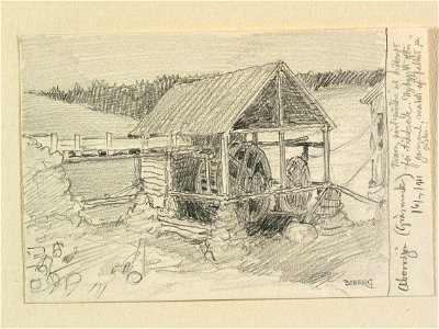 Värmland, Fryksdals hd., Gräsmarks sn., Abborrsjön. Kvarn. Teckning av Ferdinand Boberg - Nordiska museet - NMA.0088495