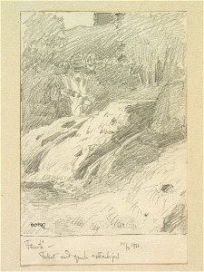 Värmland, Älvdals hd., Norra Ny sn., Fämtå. Fallet med vattenhjul. Teckning av Ferdinand Boberg - Nordiska museet - NMA.0088503