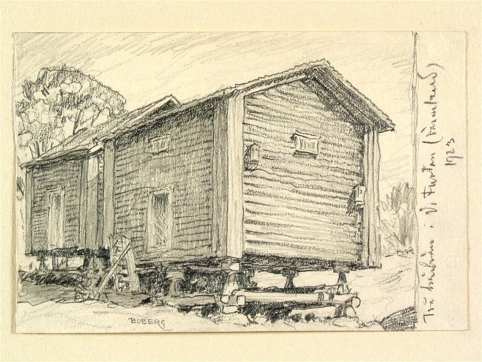 Värmland, Jösse hd., Brunskogs sn. Två härbren i Västra Furtan. Teckning av Ferdinand Boberg - Nordiska museet - NMA.0088482