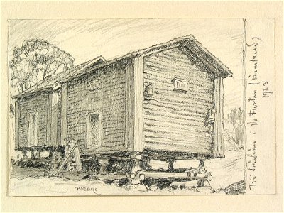 Värmland, Jösse hd., Brunskogs sn. Två härbren i Västra Furtan. Teckning av Ferdinand Boberg - Nordiska museet - NMA.0088482