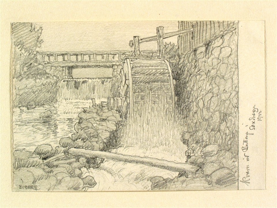 Västergötland, Kinds hd., Sexdrega sn. Kvarn vid Buttarp. Teckning av Ferdinand Boberg - Nordiska museet - NMA.0088585
