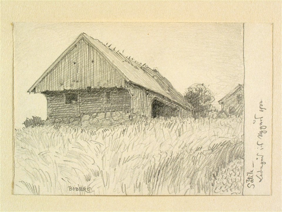 Västergötland, Marks hd., Sätila sn. Ladugård vid Nygård . Teckning av Ferdinand Boberg - Nordiska museet - NMA.0088589