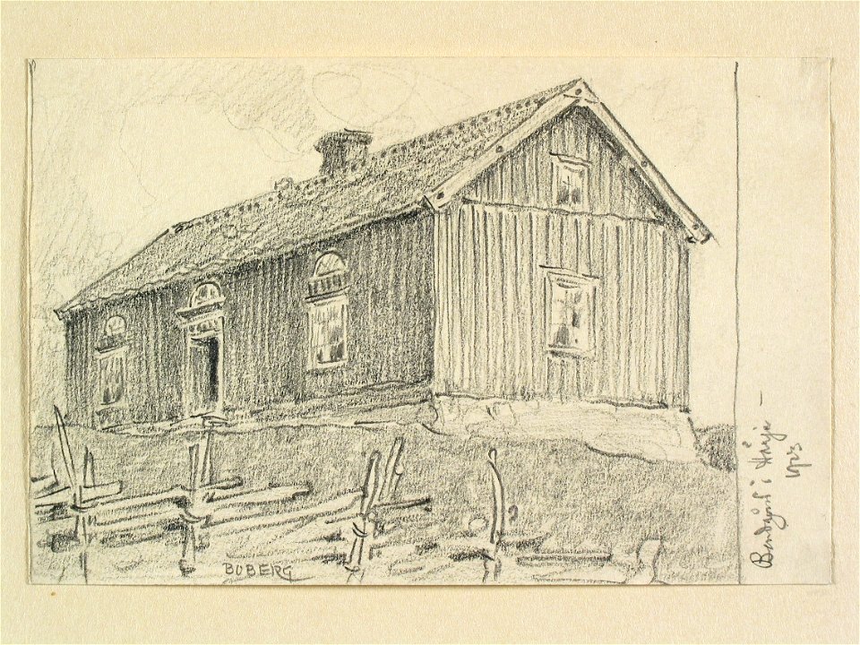 Västergötland, Vartofta hd. Bondgård i Härja . Teckning av Ferdinand Boberg - Nordiska museet - NMA.0088561
