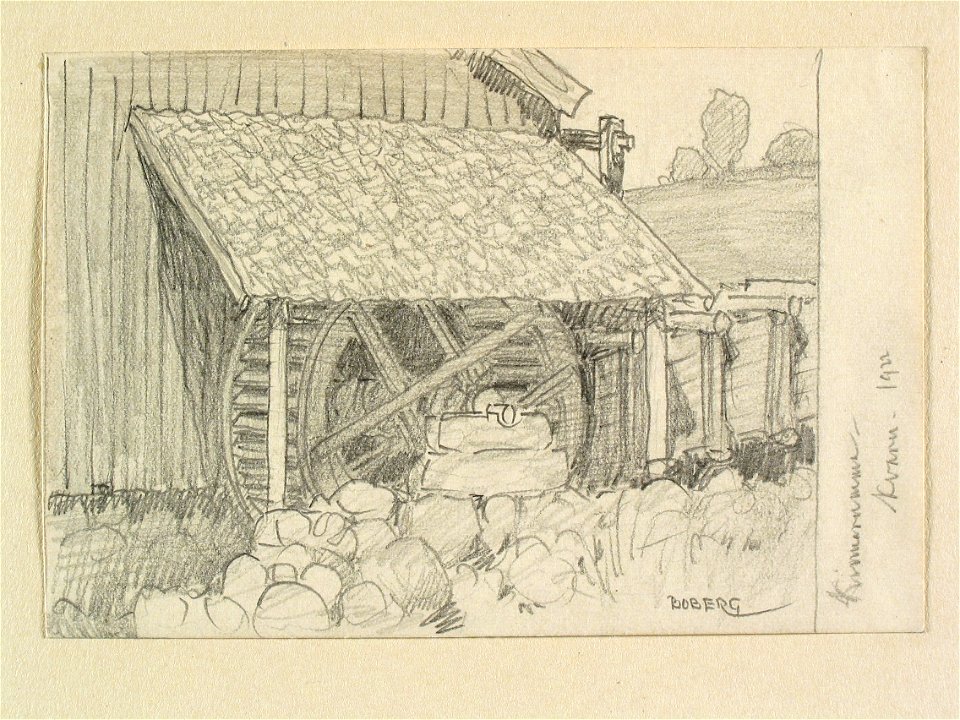 Västergötland, Marks hd.. Kvarn i Kinnarumma. Teckning av Ferdinand Boberg - Nordiska museet - NMA.0088567