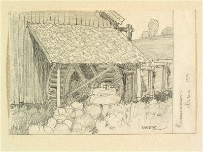 Västergötland, Marks hd.. Kvarn i Kinnarumma. Teckning av Ferdinand Boberg - Nordiska museet - NMA.0088567