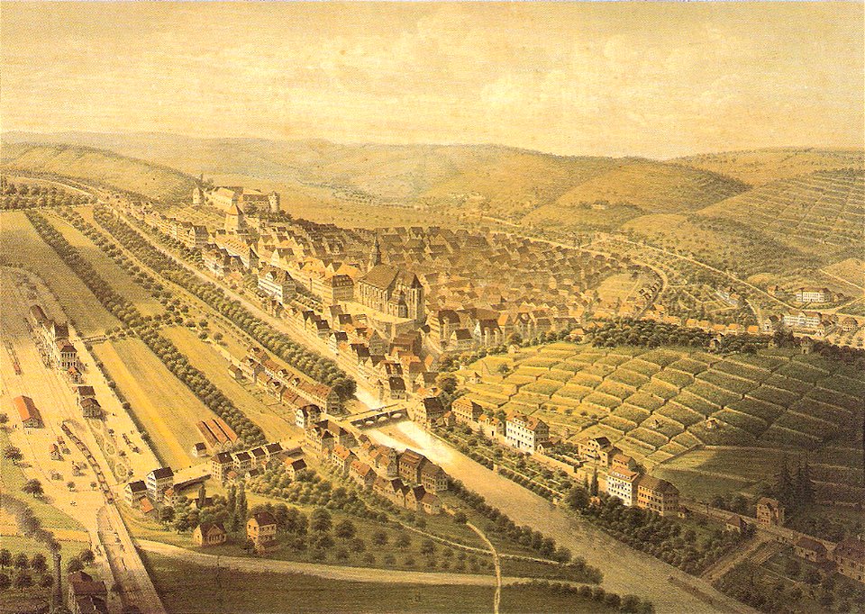W v Breitschwert - Tübingen aus der Vogelschau (kol Lith H Müller), ca1866 Inv.202 (SW030)