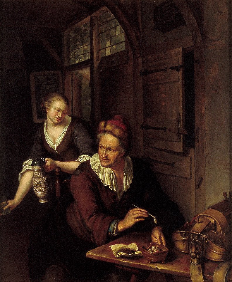 W. van Mieris - Interieur met man die een pijp stopt en een vrouw met kan - NK1811 - Rijksmuseum Twenthe