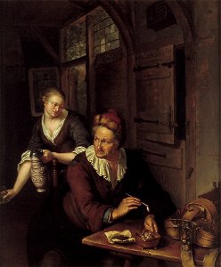 W. van Mieris - Interieur met man die een pijp stopt en een vrouw met kan - NK1811 - Rijksmuseum Twenthe. Free illustration for personal and commercial use.