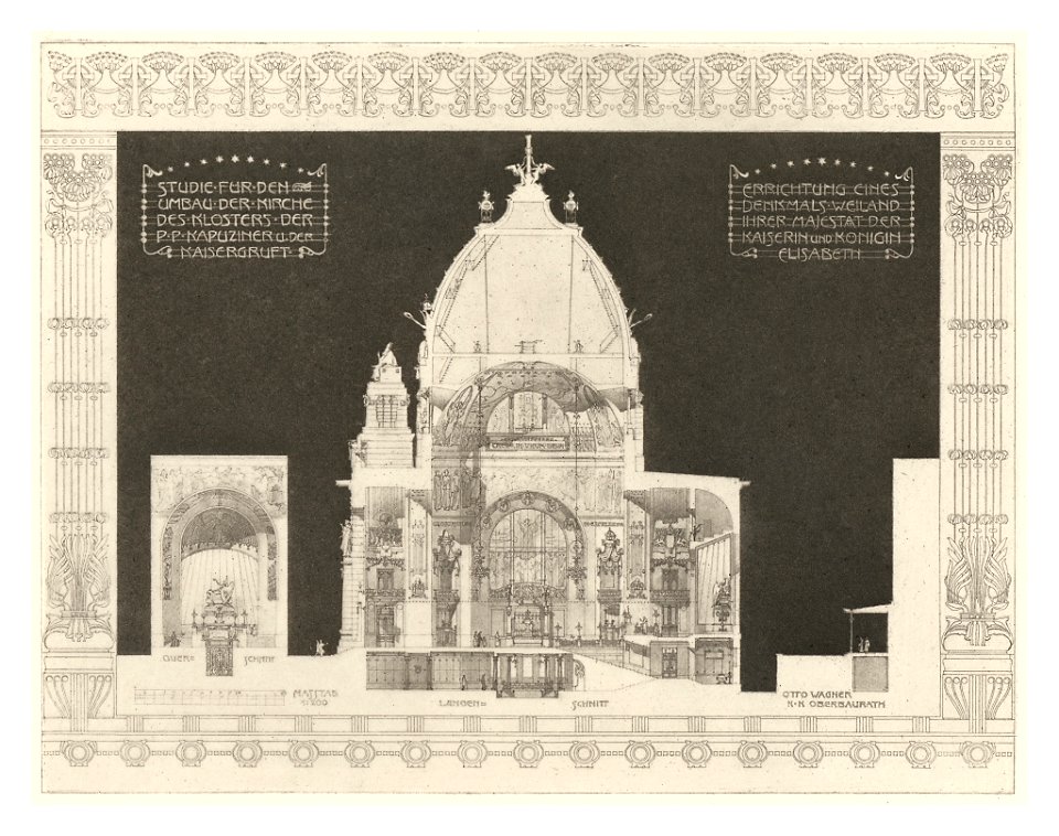 Wagner - Studie für den Umbau der Kapuzinerkirche und der Kapuzinergruft Bd. III 2. Heft - Längs- und Querschnitt - Heliogravure