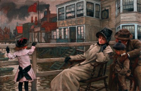Waiting for the ferry, by James Tissot. Free illustration for personal and commercial use.