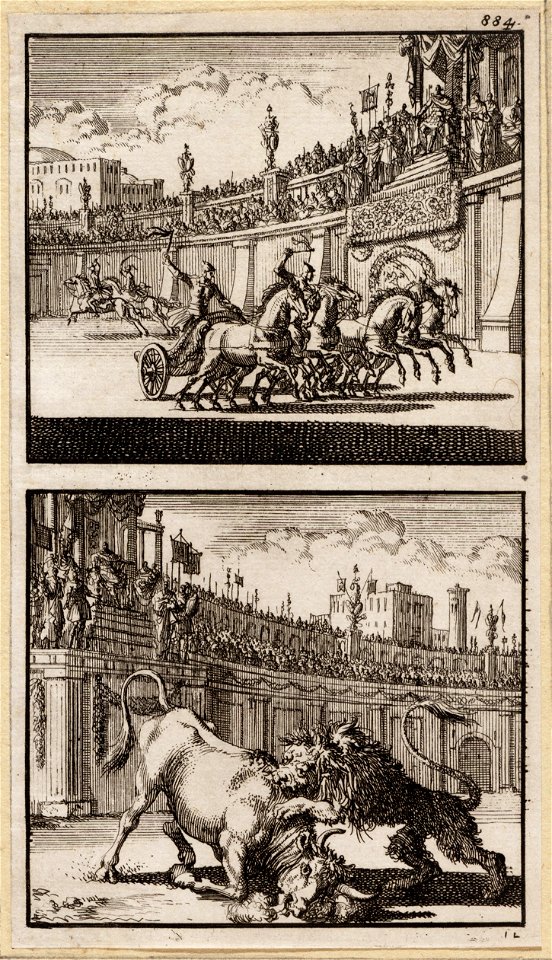 Wagenrennen in een amfitheater te Jeruzalem, Herodes kijkt toe, Strijd tussen een stier en een leeuw in een amfitheater te Jeruzalem, objectnr A 48168