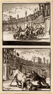 Wagenrennen in een amfitheater te Jeruzalem, Herodes kijkt toe, Strijd tussen een stier en een leeuw in een amfitheater te Jeruzalem, objectnr A 48168