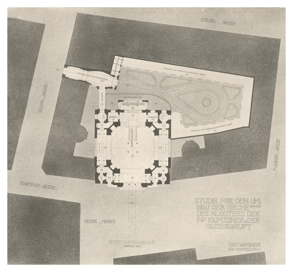 Wagner - Studie für den Umbau der Kapuzinerkirche und der Kapuzinergruft Bd. III 2. Heft - topografischer Plan - Heliogravure