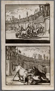 Wagenrennen in een amfitheater te Jeruzalem, Herodes kijkt toe, Strijd tussen een stier en een leeuw in een amfitheater te Jeruzalem, objectnr A 48099