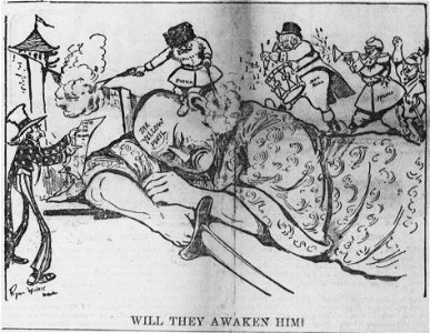 Walker cartoon about the risks of European nations fighting over Asian territory. Free illustration for personal and commercial use.