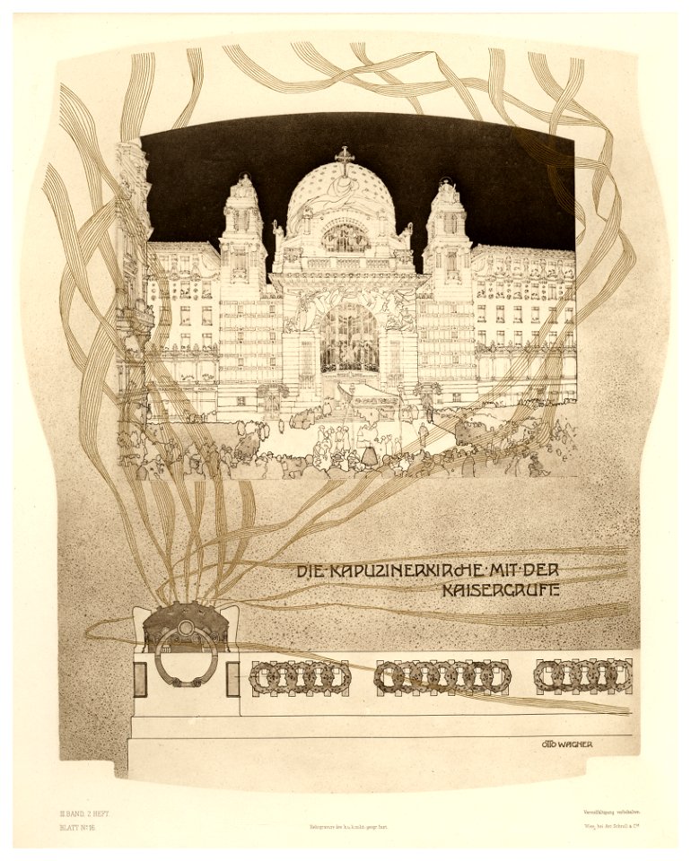 Wagner - Studie für den Umbau der Kapuzinerkirche und der Kapuzinergruft Bd. III 2. Heft - Entwurf Kaisergruft - florale Präsentation - Heliogravure