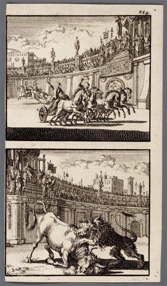 Wagenrennen in een amfitheater te Jeruzalem, Herodes kijkt toe, Strijd tussen een stier en een leeuw in een amfitheater te Jeruzalem, objectnr A 48098