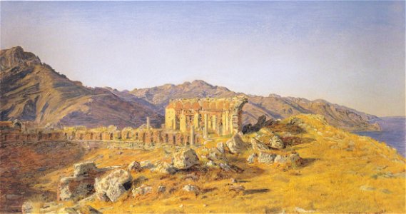 Waldmüller - Ruine des griechischen Tempels zu Taormina gegen die Meerenge von Messina