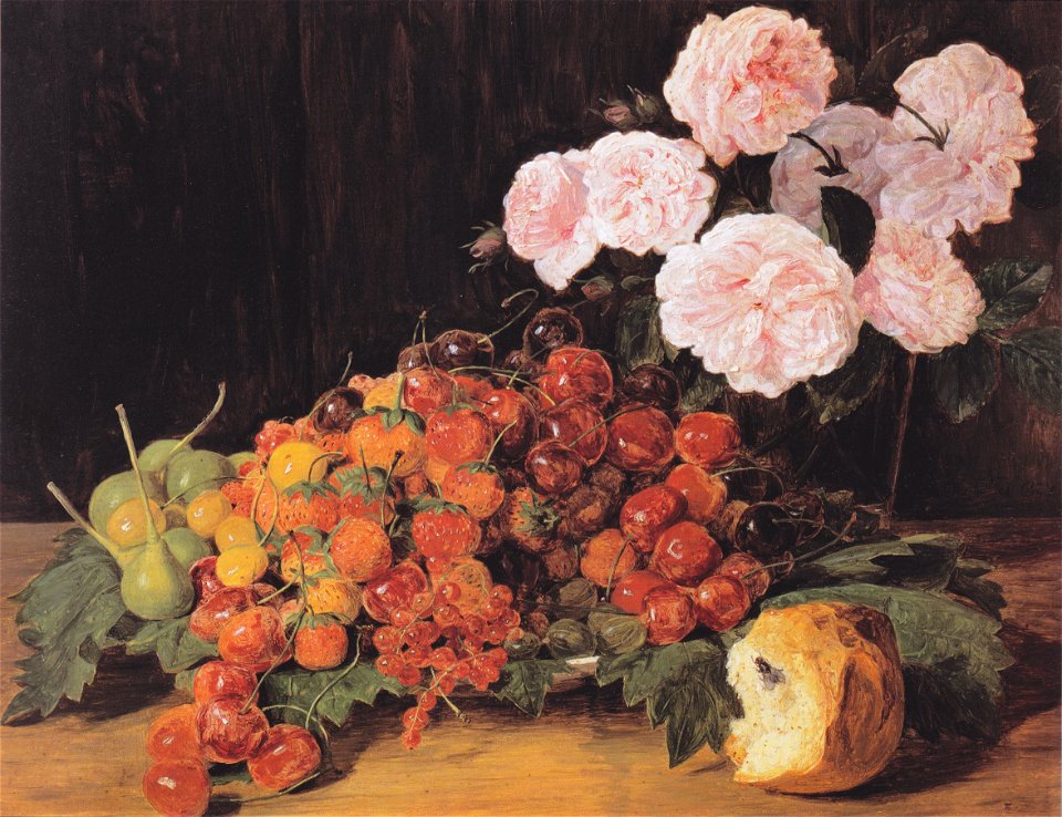 Waldmüller - Stillleben mit Rosen, Erdbeeren und Brot
