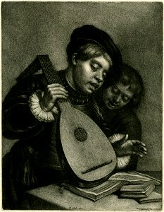 Wallerant Vaillant after Frans Hals - mezzotint of two boys singing with one playing the lute