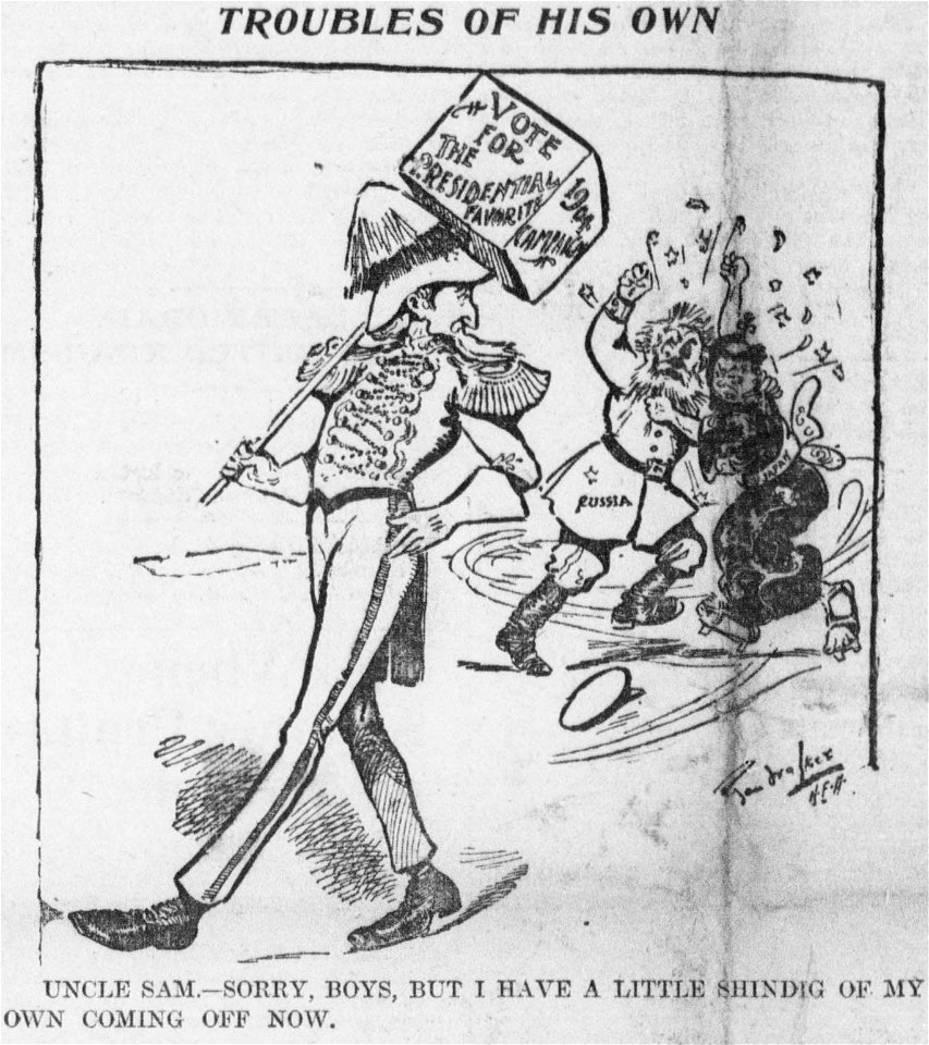 Walker cartoon about Americans being more interested in national politics than in the Russo-Japanese war