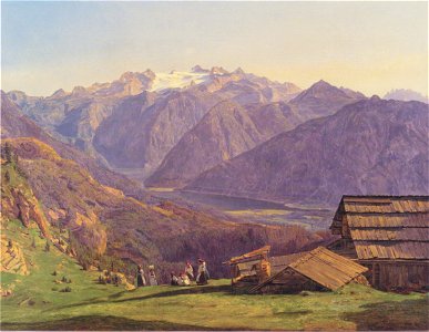 Waldmüller - Ansicht des Dachsteins mit dem Hallstättersee von der Hütteneckalpe bei Ischl. Free illustration for personal and commercial use.