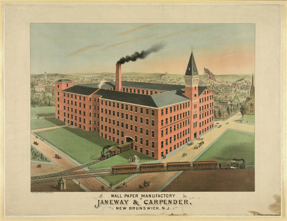 Wall paper manufactory of Janeway & Carpender, New Brunswick, N.J. - Chas. Hart lith., 36 Vesey St., N.Y. LCCN98507615