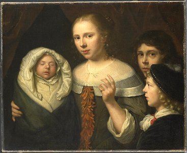 Wallerant Vaillant - Portret van een jonge vrouw met drie kinderen. Free illustration for personal and commercial use.