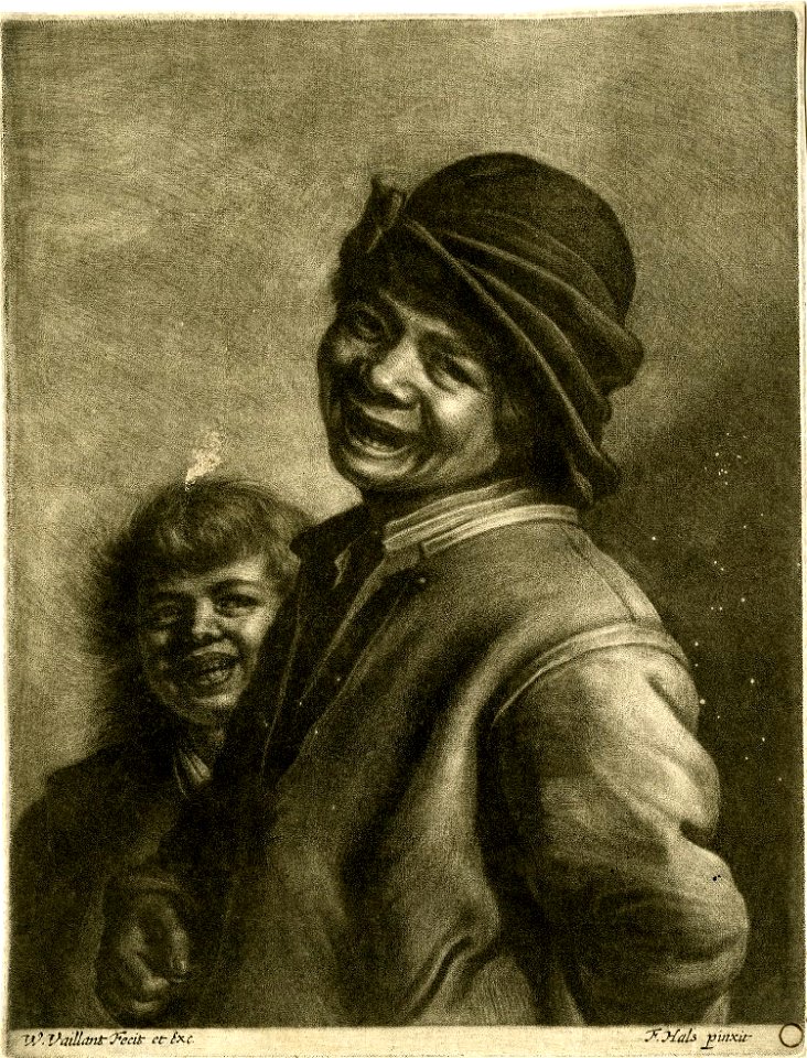 Wallerant Vaillant mezzotint after Frans Hals - two boy laughing with one holding a coin