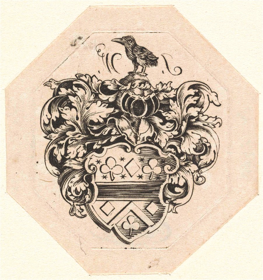 Wapenschild met bladranken, helm en vogel