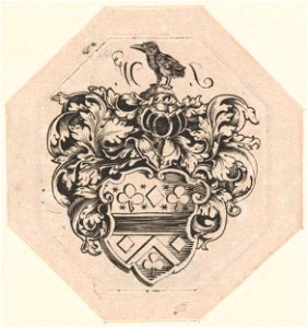 Wapenschild met bladranken, helm en vogel