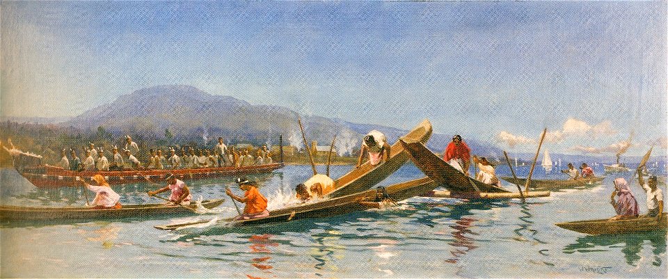 Walter Wright - Maori canoe race, Lake Rotorua. Free illustration for personal and commercial use.