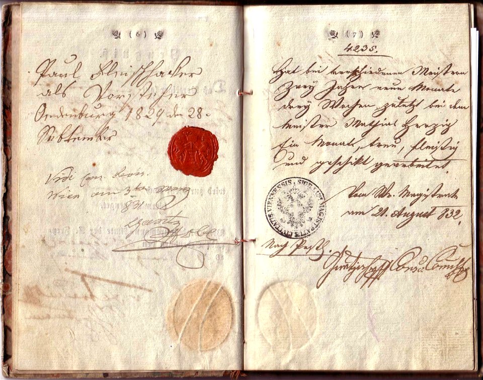 Wanderbuch, Albert Strauß, 1816, Seite 6-7, Zeugnisse
