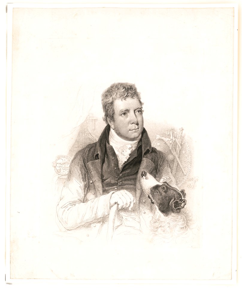 Walter Scott, half-length portrait, seated, facing right, with dog) - W.N. f 1817 LCCN2013645278