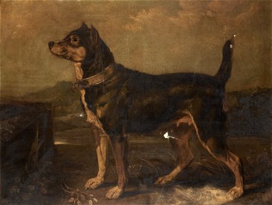 A Terrier in a Landscape oil on canvas painting by James Ward, R.A., 1811. Free illustration for personal and commercial use.