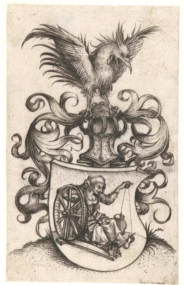 Wapenschild met oude garenspinnende vrouw