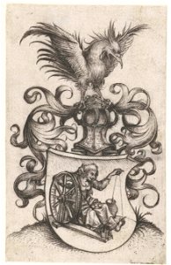 Wapenschild met oude garenspinnende vrouw